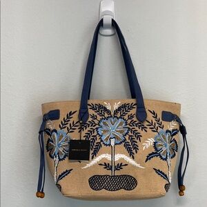 Tan Tote with Blue Floral Design
